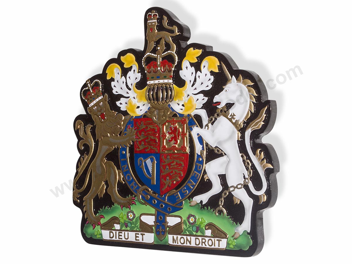 Royal Coat of Arms Dieu Et Mon Droit Wood Plaque Seal Tail Shields